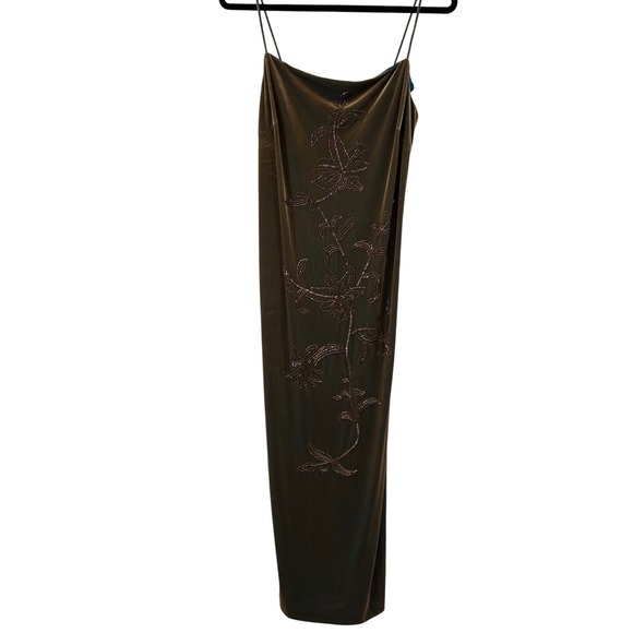Vintage Y2K Donna Morgan Olive Green Velvet‎ Beaded Slip Dress - Picture 2 of 12